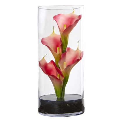 14” Calla Lily Artificial Arrangement in Cylinder Glass - Tampa Home & Garden Store
