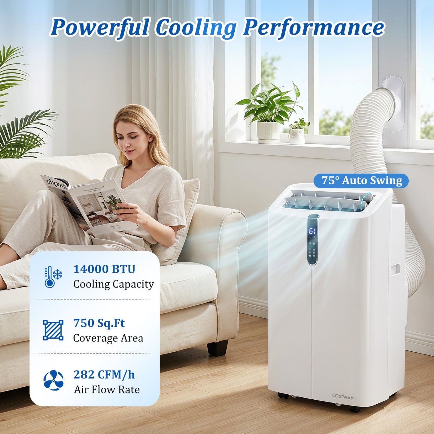 DirectDeals 14000 BTU Smart Portable AC with app & voice control, Costway unit in room on Tampa Home & Garden Store