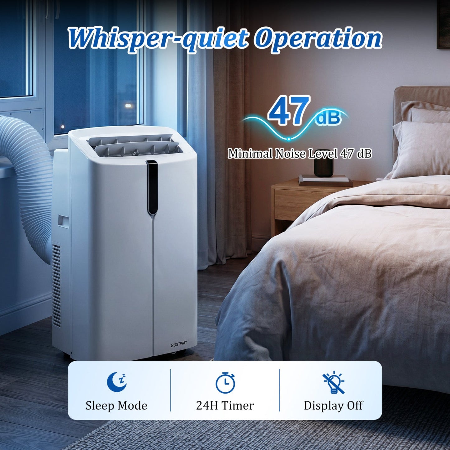 DirectDeals 14000 BTU Smart Portable Air Conditioner white unit with exhaust hose in bedroom on Tampa Home & Garden Store