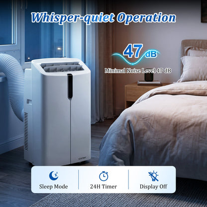 DirectDeals 14000 BTU Smart Portable Air Conditioner white unit with exhaust hose in bedroom on Tampa Home & Garden Store
