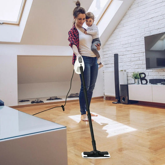 Handheld steam cleaner 1400W by DirectDeals with 14-piece kit, wand on wood floor on Tampa Home & Garden Store