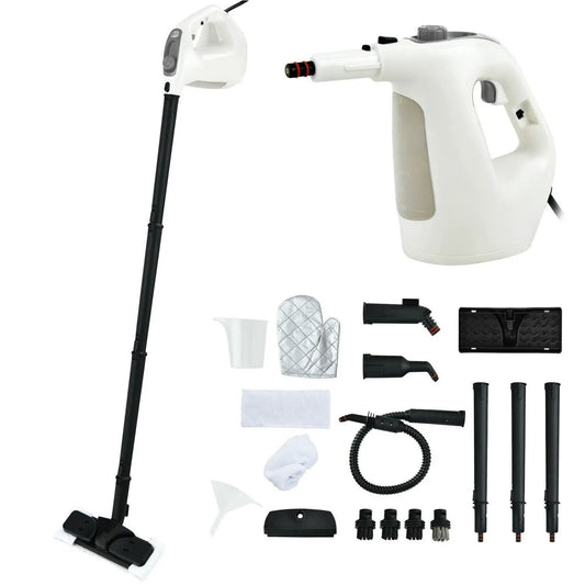 Handheld Steam Cleaner 1400W with 14-piece kit by DirectDeals, white body with multiple nozzles on Tampa Home & Garden Store
