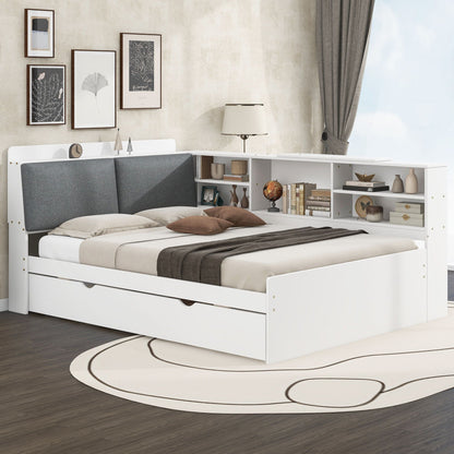 Platform bed with trundle and built-in shelves storage headboard in white by HouseOfZazla on Tampa Home & Garden Store