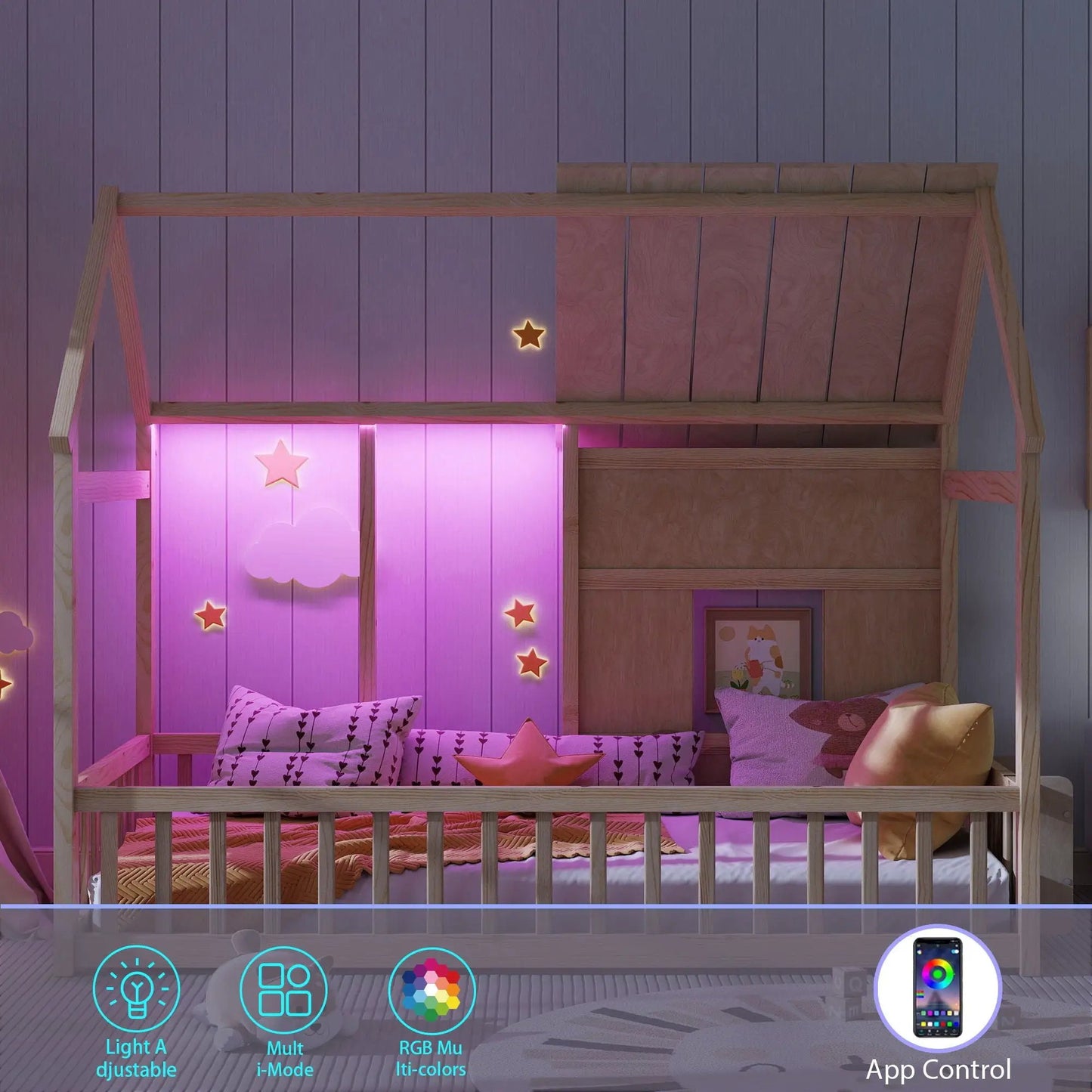 House Floor Bed With 7 Color LED Light Bookshelf