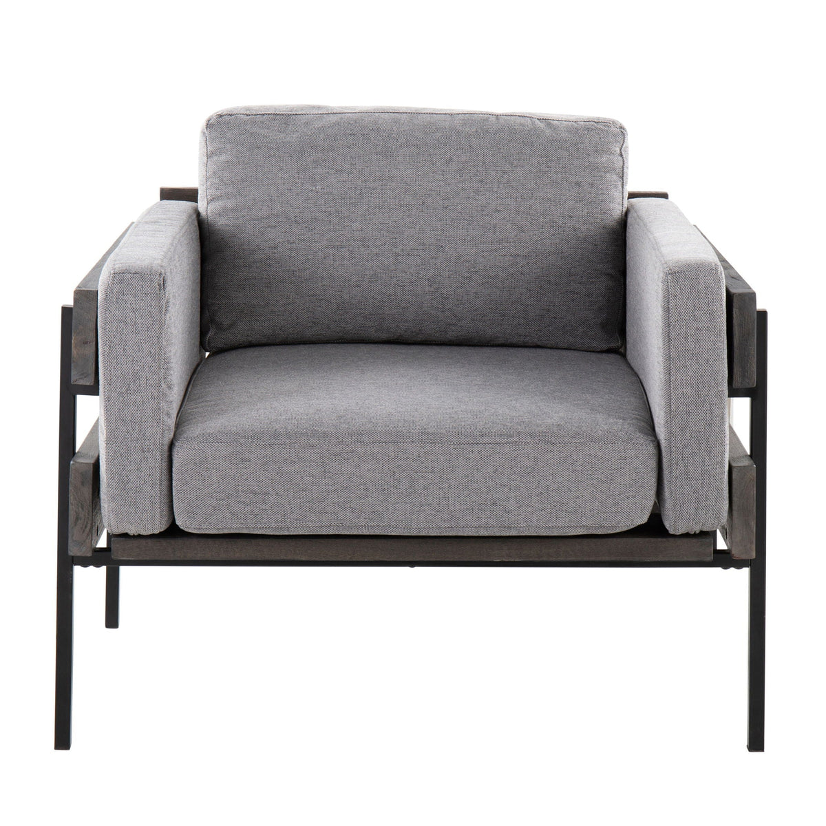 Kari farmhouse accent chair with gray fabric cushions and dark metal base on Tampa Home & Garden Store