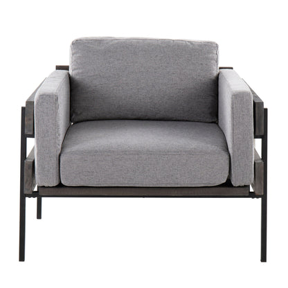 Kari farmhouse accent chair with gray fabric cushions and dark metal base on Tampa Home & Garden Store