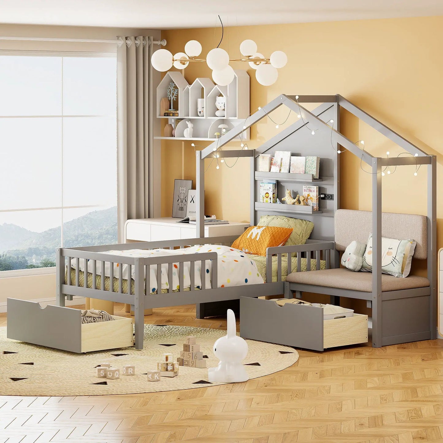Gray house-bed storage with built-in shelves, upholstered sofa, 2 drawers Unique Piece Furniture on Tampa Home & Garden Store