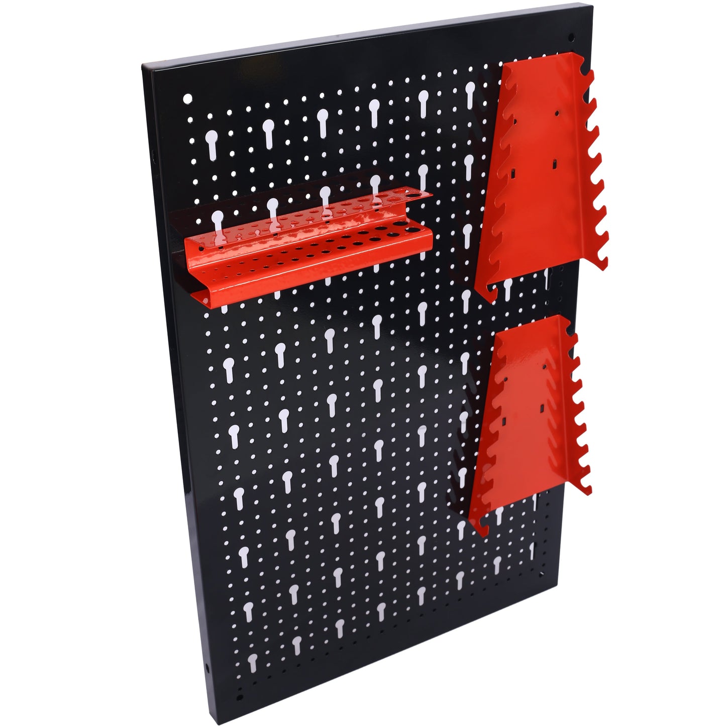 4-foot black pegboard wall rack with three red nail-board holders and shelf on Tampa Home & Garden Store