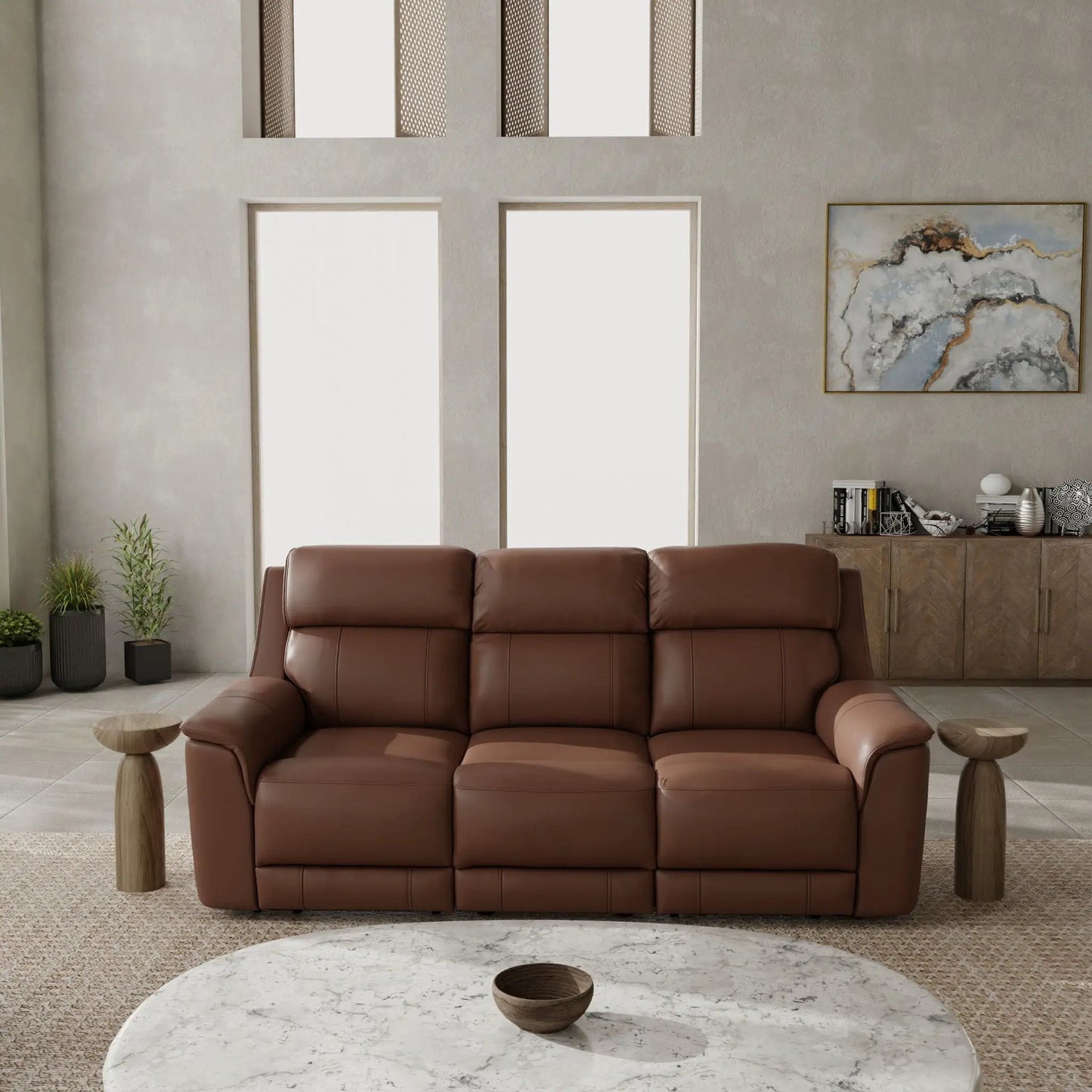 Oslo Dual Power Reclining Sofa in brown leather with plush cushions on Tampa Home & Garden Store