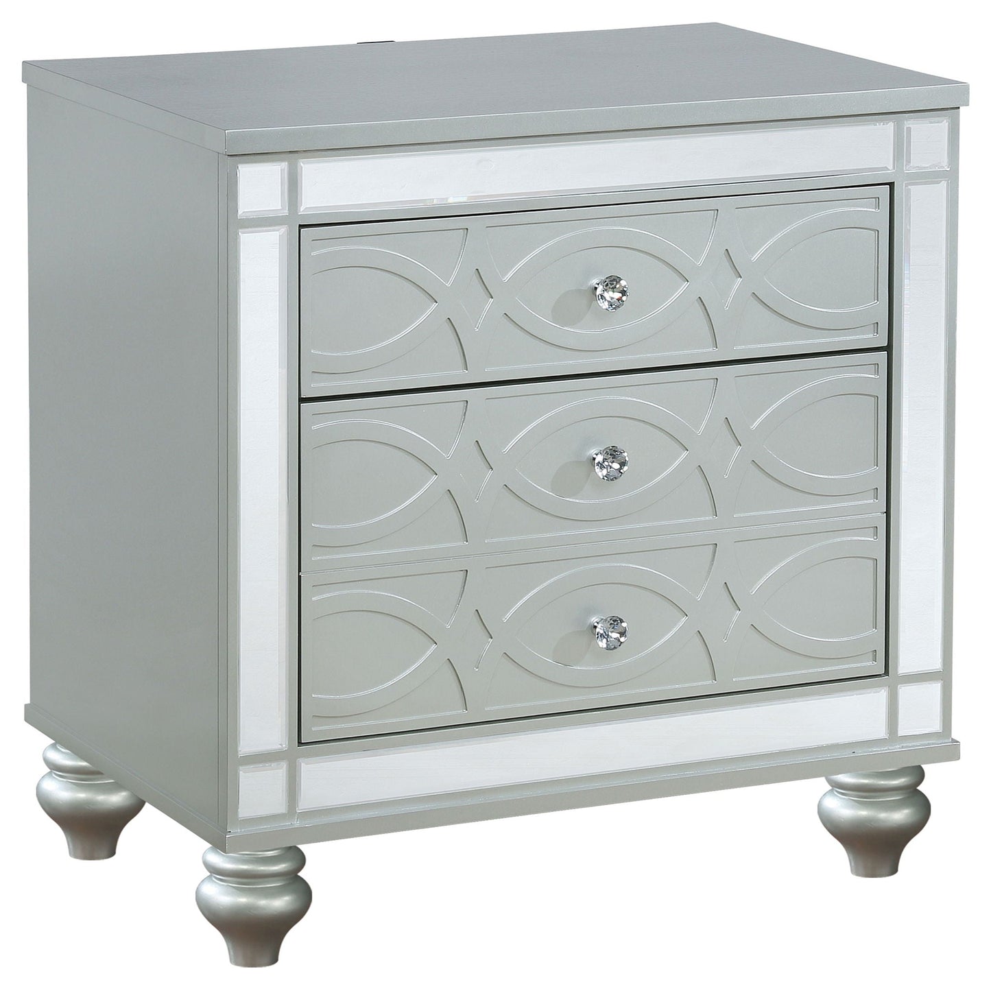 Arabesque silver mirrored dresser from 4 Piece Queen Bedroom Set with crystal knobs on Tampa Home & Garden Store