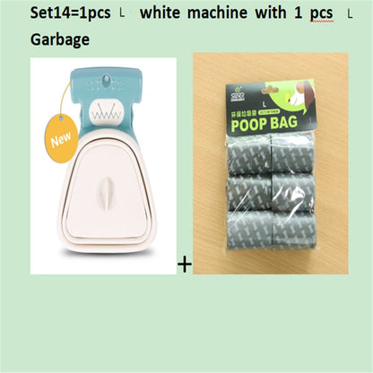 Foldable dog poop scooper with blue-accented white body and 1 roll of decomposable bags on Tampa Home & Garden Store