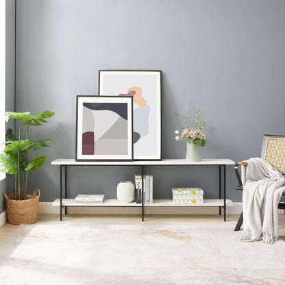 Celine 2-shelf console table with white shelves and black frame on a gray wall with framed art on Tampa Home & Garden Store