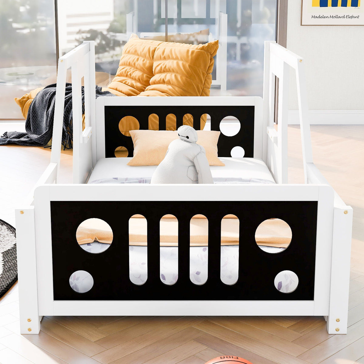 Classic Car Shaped Platform Bed With Wheels black panel orange pillow HouseOfZazla on Tampa Home & Garden Store