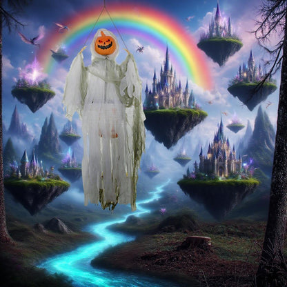 Outdoor Halloween Hanging Pumpkin Ghost with Light-Up Eyes and Sound, ragged white fabric decor on Tampa Home & Garden Store