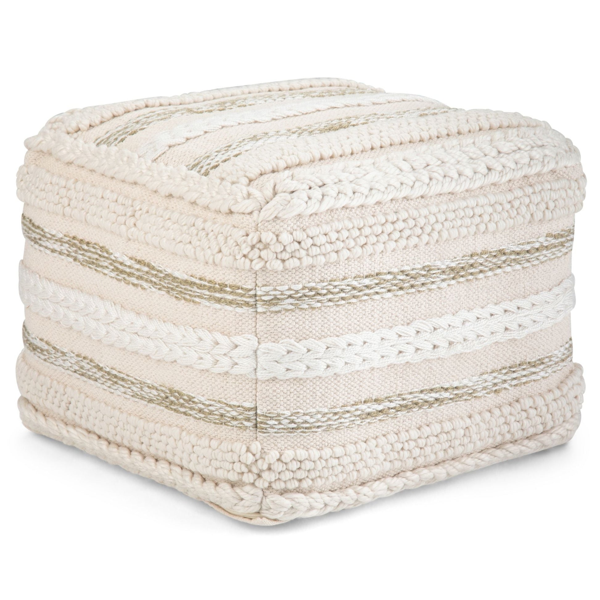 Sommer Handcrafted Square Pouf Unique Piece Furniture cream knit ottoman with chunky braids on Tampa Home & Garden Store