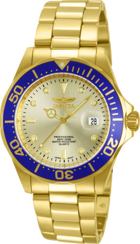 Invicta Men's Pro Diver watch with gold-tone case, blue bezel, cream dial, 200m water resistant on Tampa Home & Garden Store