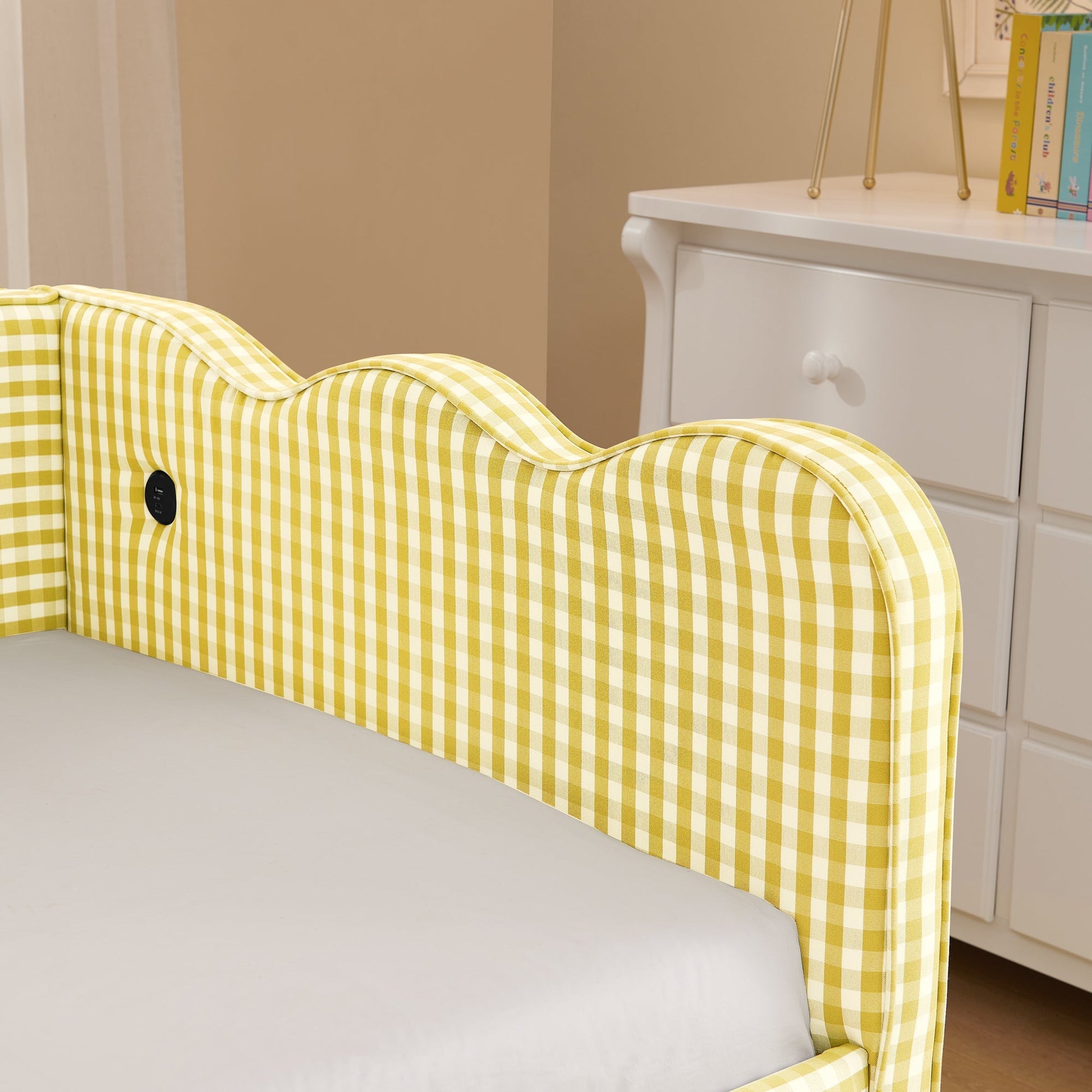 Cozy Gingham Daybed with Trundle twin size sofa bed, yellow and white gingham upholstery on Tampa Home & Garden Store
