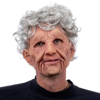 Realistic Old Man Halloween Mask Moktan Sabai, grey wig and deeply wrinkled facial features on Tampa Home & Garden Store