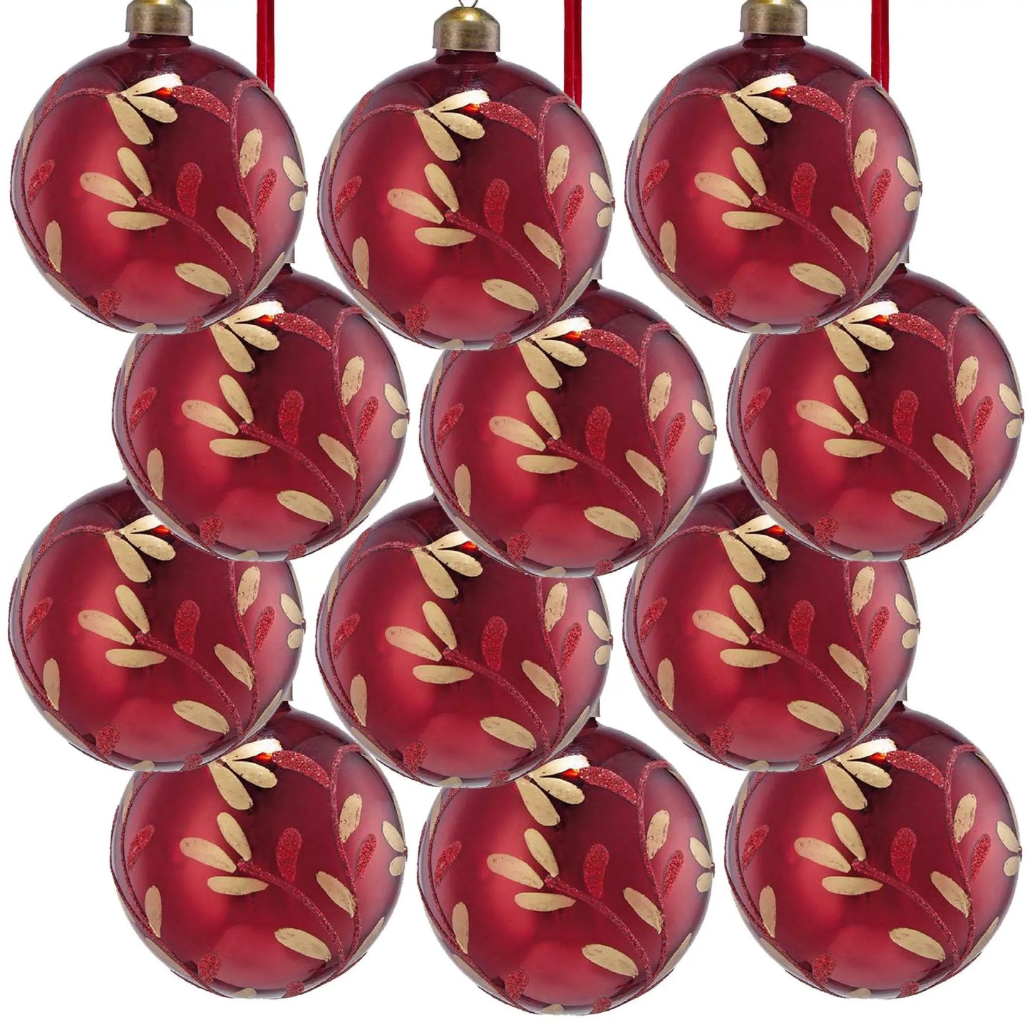 Red glass Christmas ball ornament with gold leaf petal pattern; hanging tree decoration set on Tampa Home & Garden Store