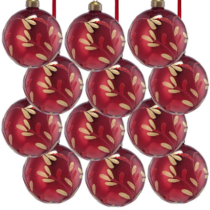 Red glass Christmas ball ornament with gold leaf petal pattern; hanging tree decoration set on Tampa Home & Garden Store