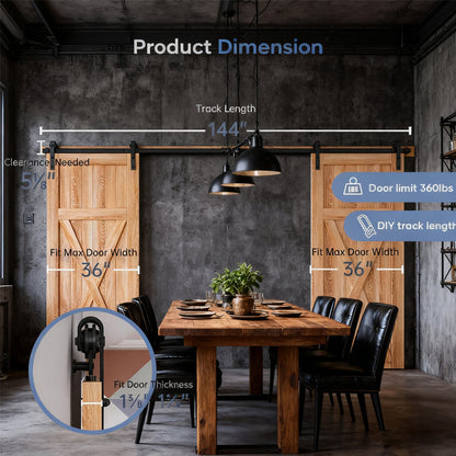 12FT Wood Double Sliding Barn Door Hardware with black track on rustic dining room on Tampa Home & Garden Store