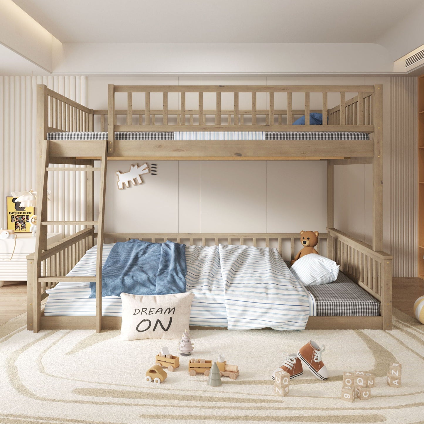 Bunk bed with ladder and guardrails in natural wood finish by HouseOfZazla on Tampa Home & Garden Store