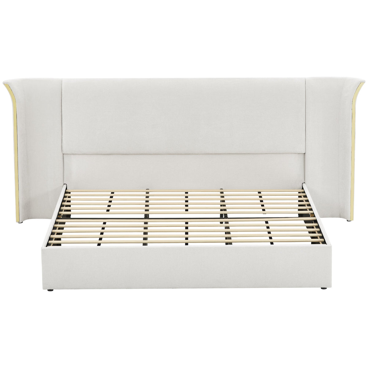 King size luxury wing-back upholstered bed frame with padded beige headboard and gold trim on Tampa Home & Garden Store