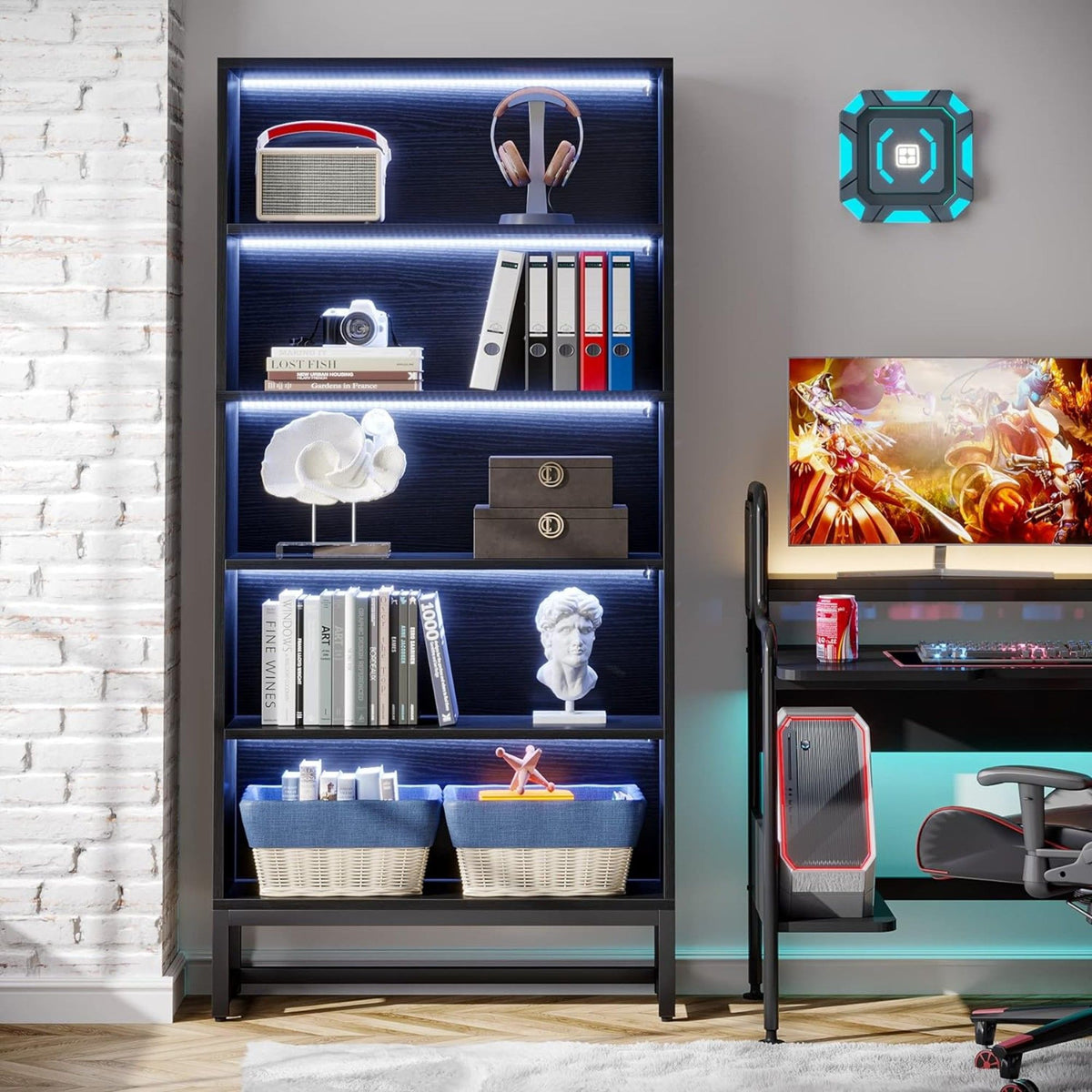 5 Tier Heavy Duty Bookshelf with black powder-coated steel frame LED-lit interior for books on Tampa Home & Garden Store