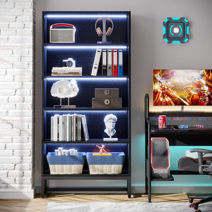 5 Tier Heavy Duty Bookshelf with black powder-coated steel frame LED-lit interior for books on Tampa Home & Garden Store