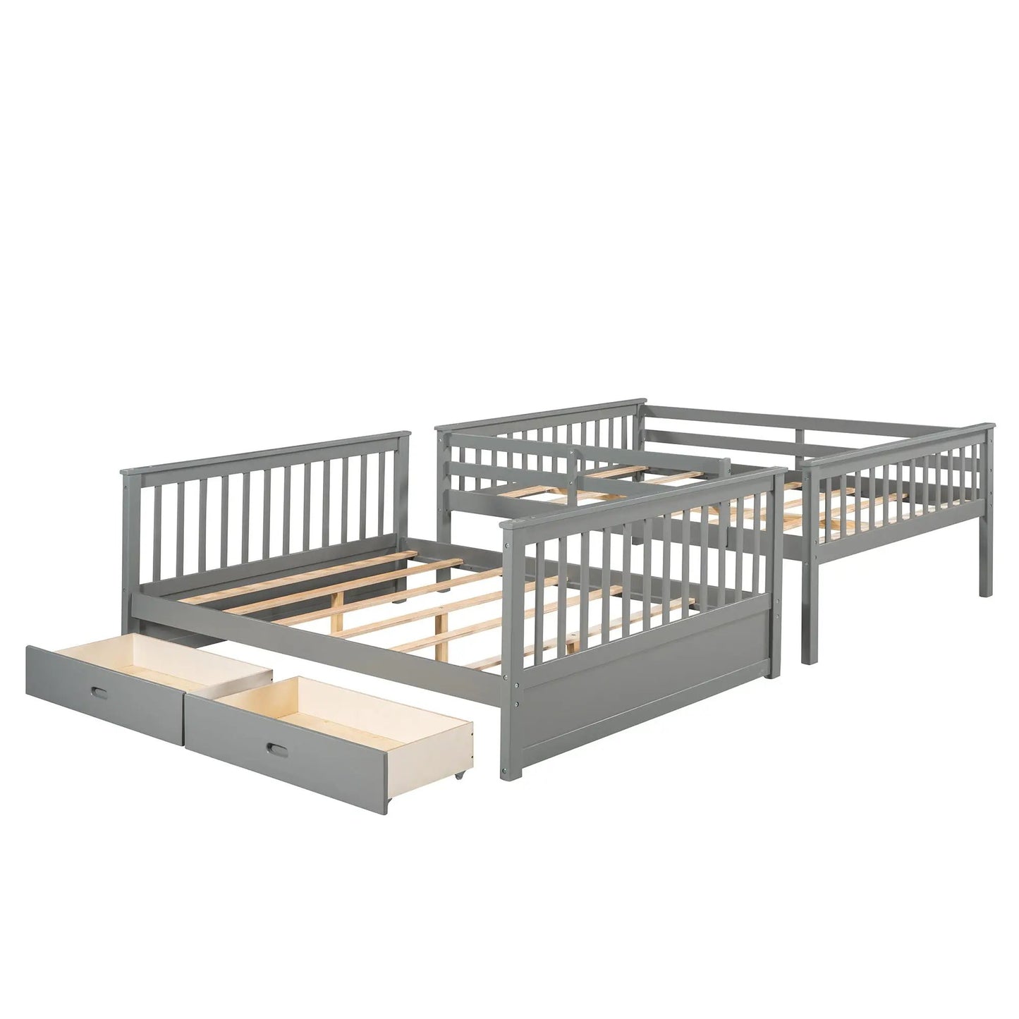Gray bunk bed with built-in ladders and two under-bed storage drawers, wood slat bases on Tampa Home & Garden Store