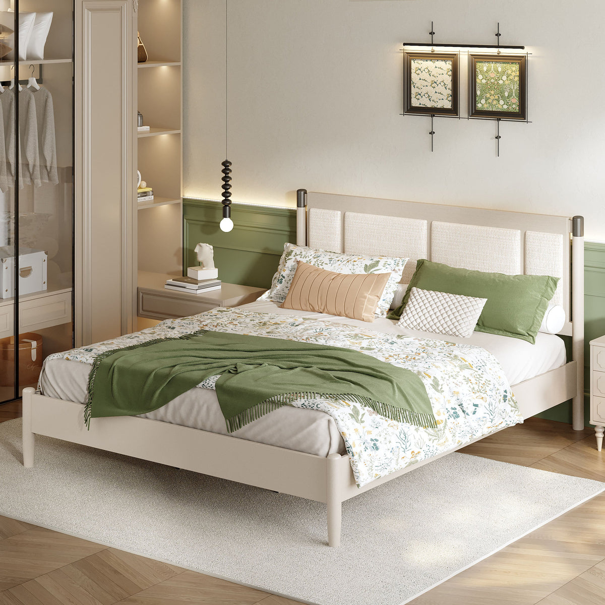 Solid wood king bed frame by HouseOfZazla with beige upholstered headboard, heavy-duty support on Tampa Home & Garden Store