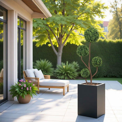 4ft tall artificial boxwood topiary tree by HouseOfZazla, green sphere foliage on brown trunks in square black planter on Tampa Home & Garden Store