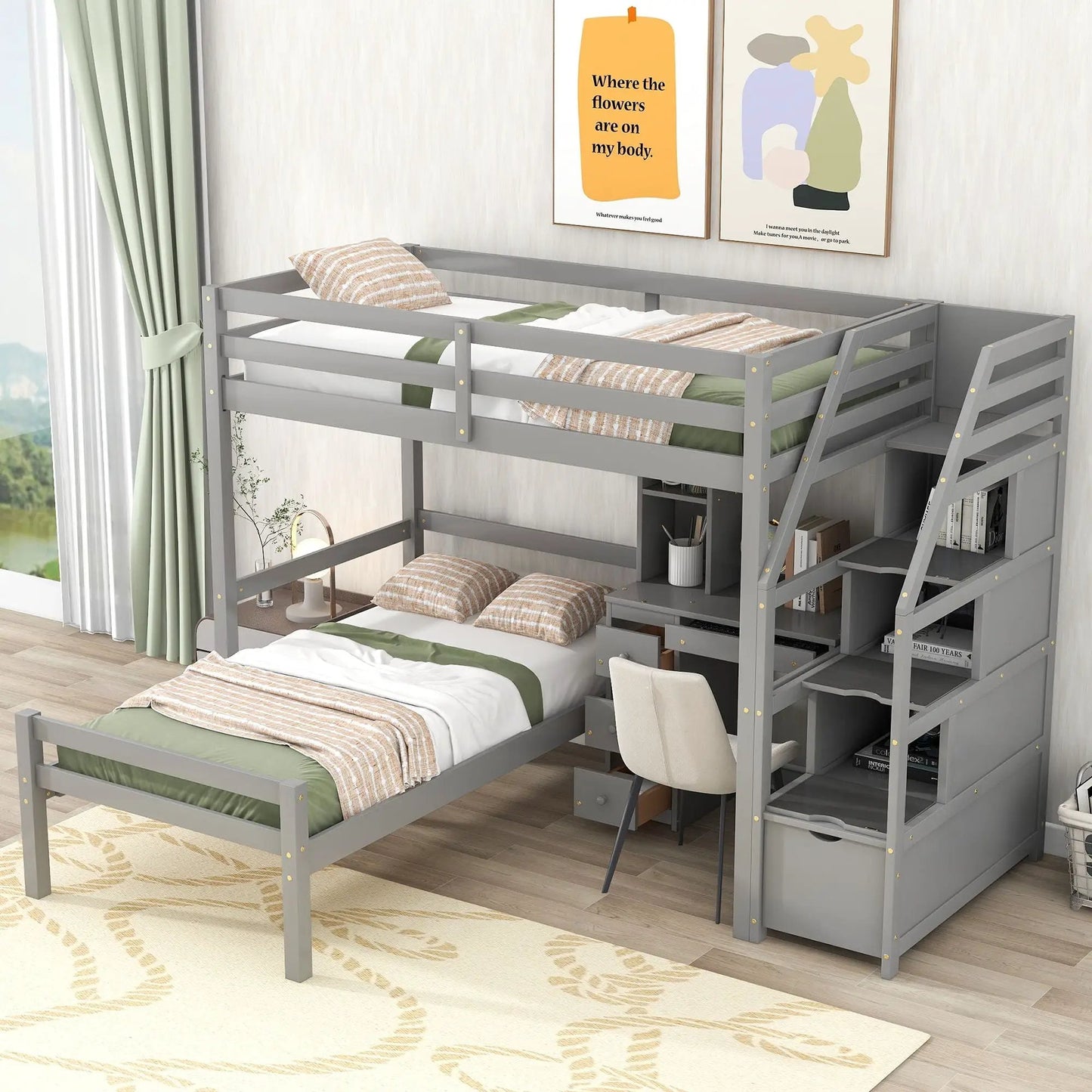 Loft Bed Standalone Bed with Storage Staircase