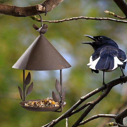 American made old wrought iron bird feeder with cone roof, brown finish and seed dish, Sell My Stuff on Tampa Home & Garden Store