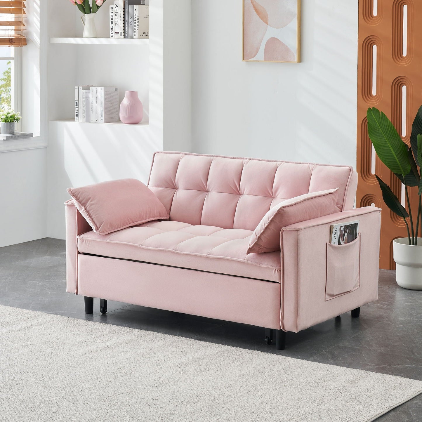 Pink velvet Sofa Bed With Pockets, 3-in-1 convertible sleeper by HouseOfZazla with side pocket on Tampa Home & Garden Store