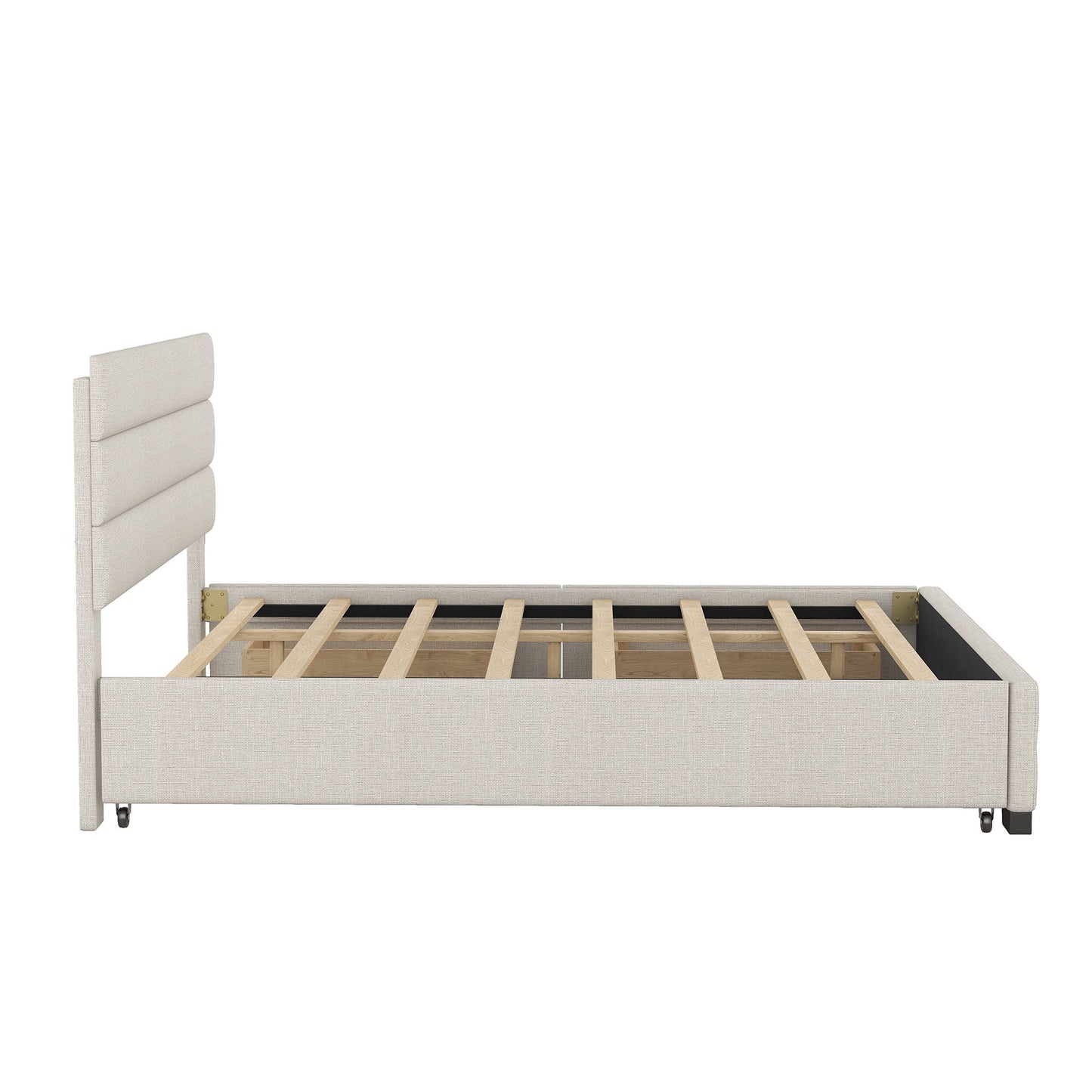 Queen platform bed beige upholstered headboard with slatted foundation on Tampa Home & Garden Store
