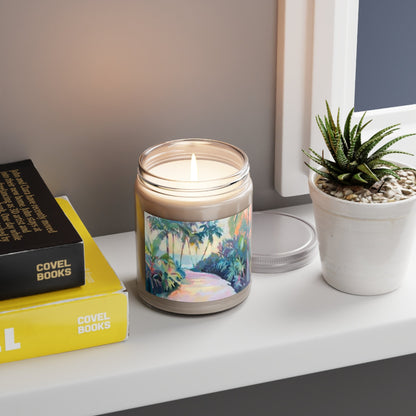 Tropical Path 9oz Soy Candle Beachy Palm & Coconut fragrance in palm-label jar on a shelf on Tampa Home & Garden Store