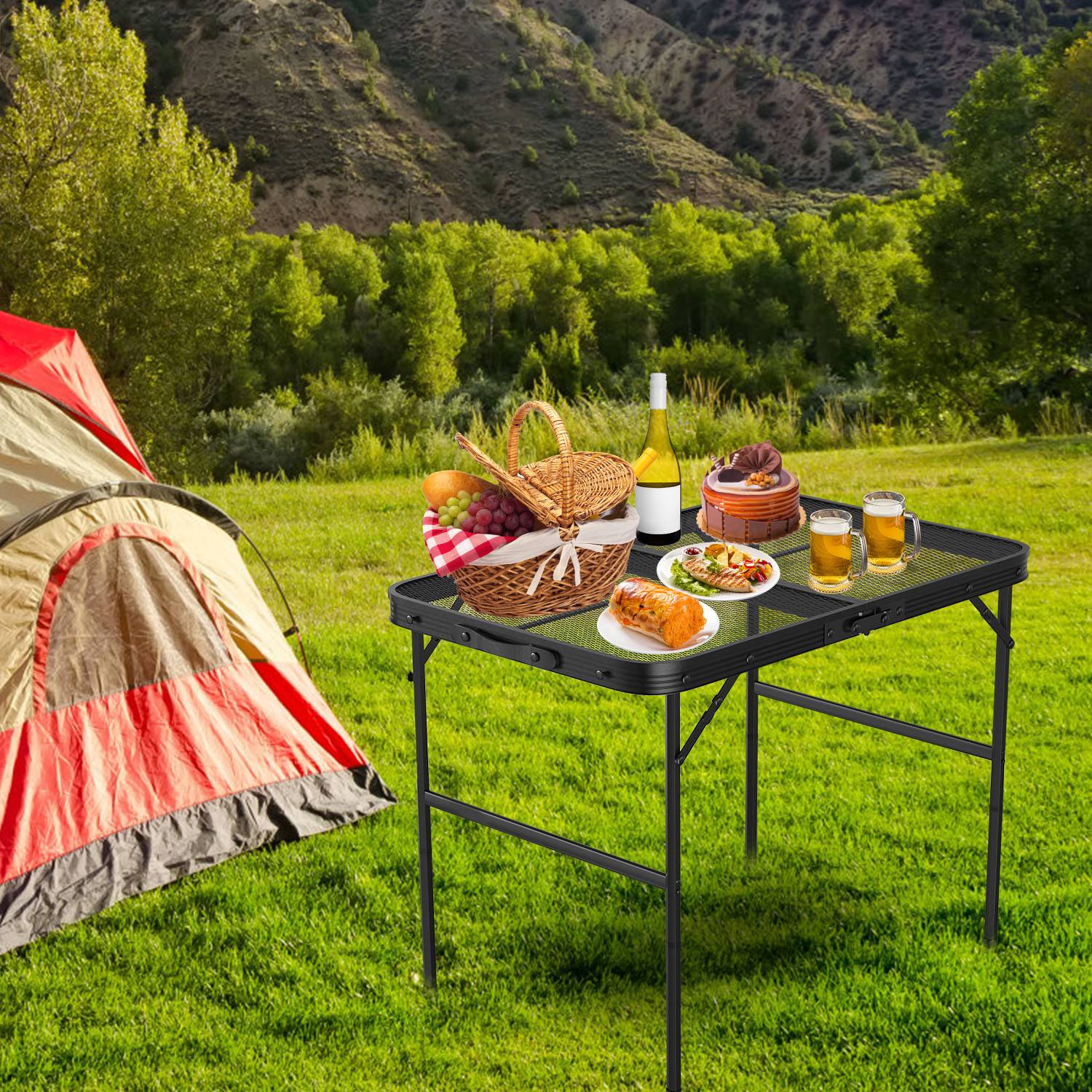GemGear foldable camping table with aluminum alloy mesh top, black frame campsite scene with tent on Tampa Home & Garden Store