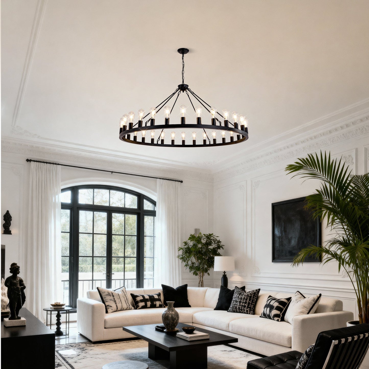 64 Inch Matte Black Wagon Wheel Chandelier with 30 Lights in a modern living room by HouseOfZazla on Tampa Home & Garden Store