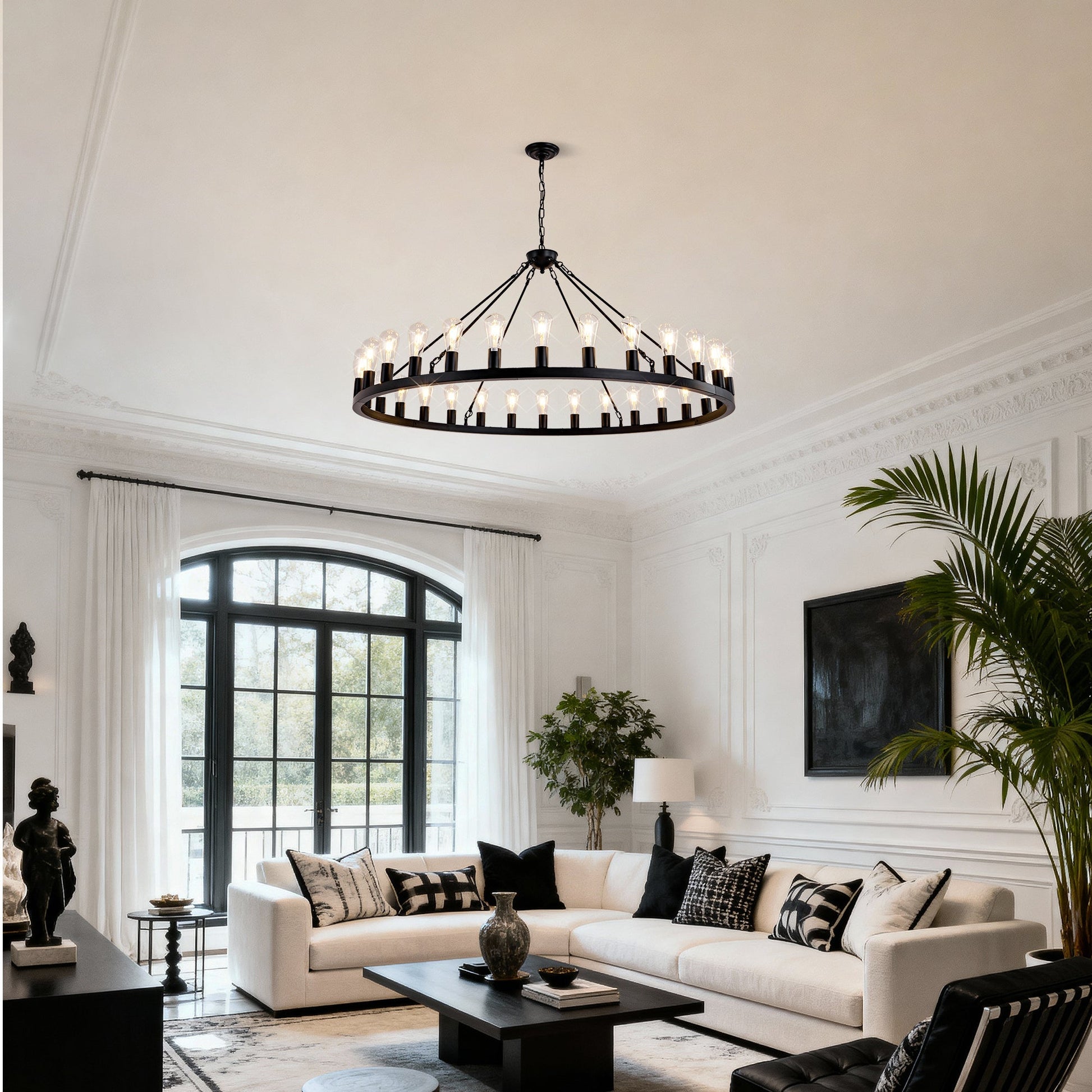 64 Inch Matte Black Wagon Wheel Chandelier with 30 Lights in a modern living room by HouseOfZazla on Tampa Home & Garden Store