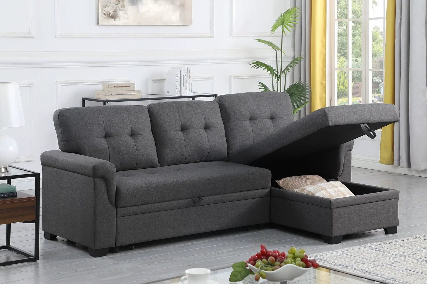Lucca reversible sleeper sectional with storage chaise in gray fabric on Tampa Home & Garden Store