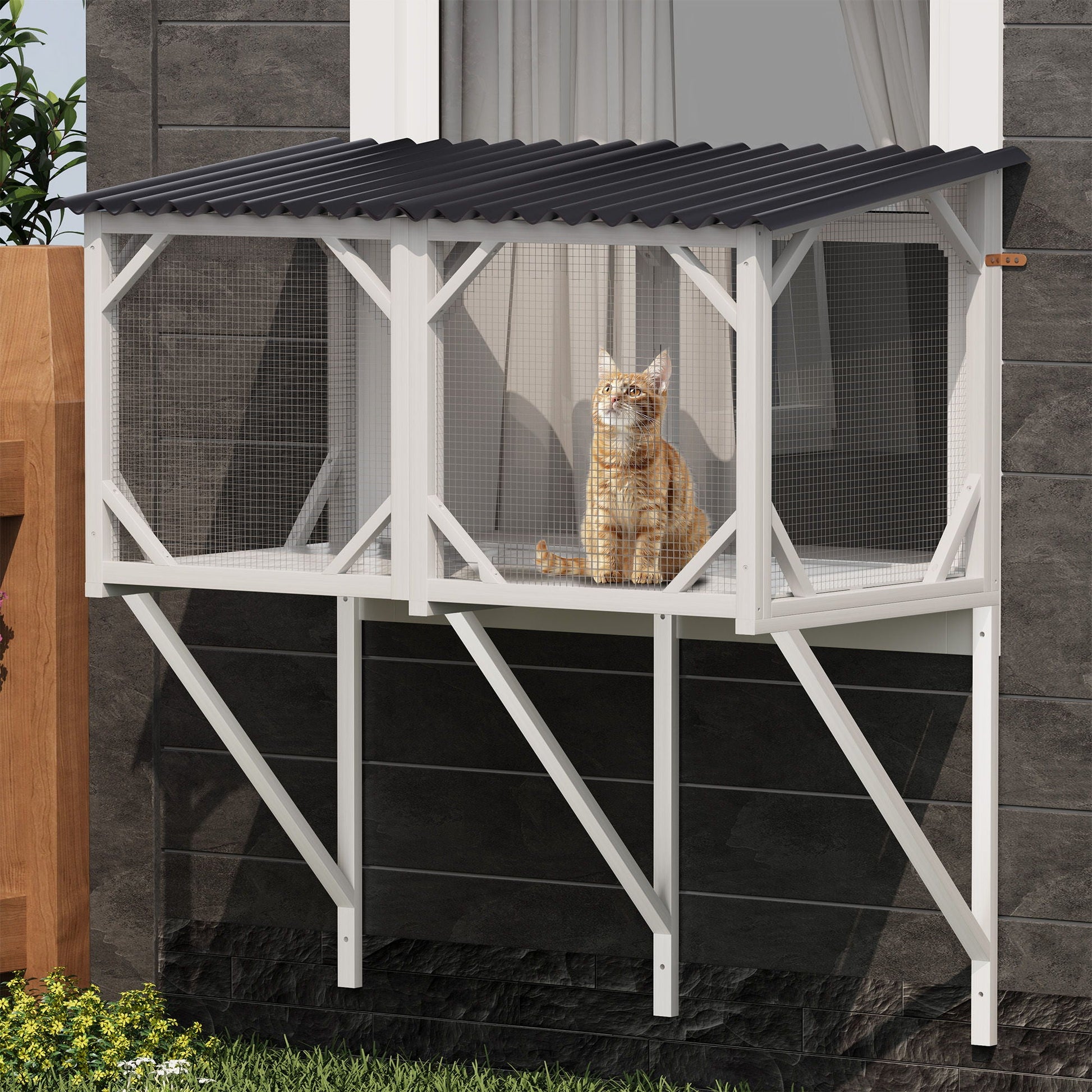 Cat Window Box cage in white wood with wire mesh raised stand and dark corrugated roof HouseOfZazla on Tampa Home & Garden Store
