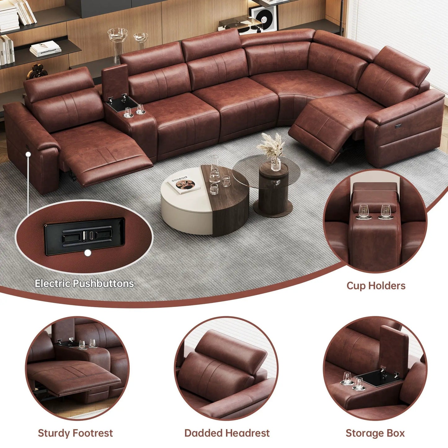 6-Piece modular dark brown leather sectional with 2 cup holders and adjustable recliners on Tampa Home & Garden Store