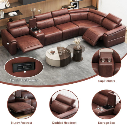 6-Piece modular dark brown leather sectional with 2 cup holders and adjustable recliners on Tampa Home & Garden Store