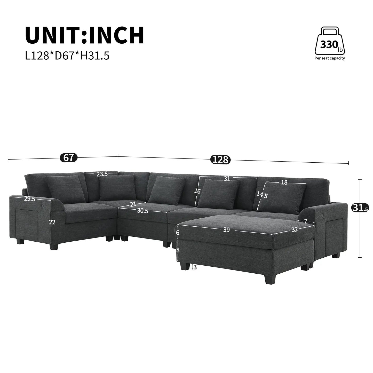 U Shaped Sectional Sofa 6 Seat Couch Set charcoal ottoman 2-piece Unique Piece Furniture on Tampa Home & Garden Store