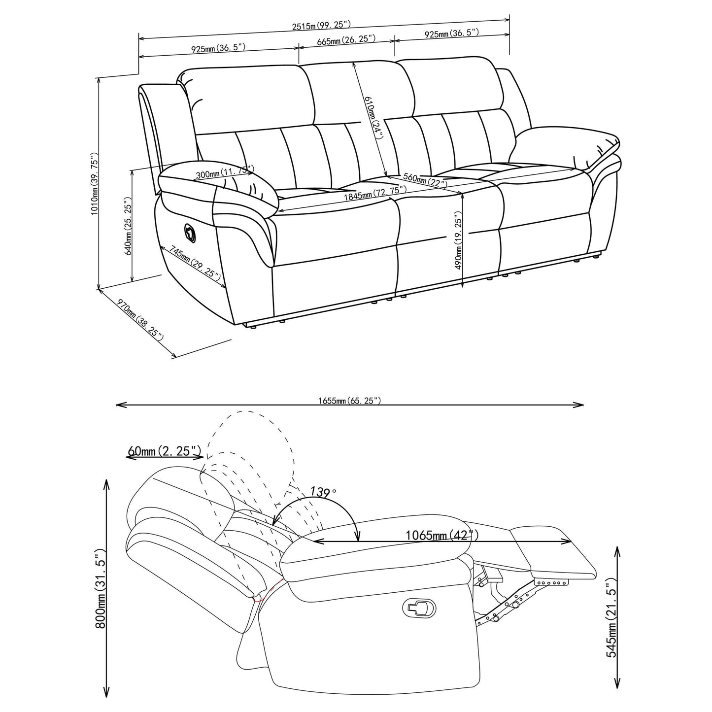 Divine Tufted Reclining Sofa with Memory Foam