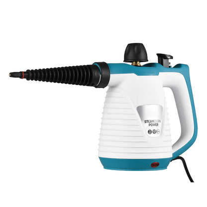 Q388 Steam Cleaner handheld with teal and white housing and ribbed black spray nozzle on Tampa Home & Garden Store