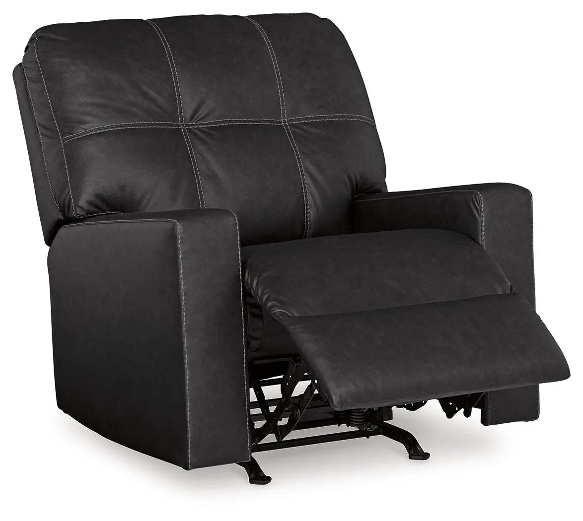 Barlin Mills Rocker Recliner black faux leather with contrast stitching and extended footrest on Tampa Home & Garden Store