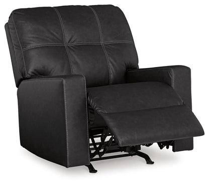 Barlin Mills Rocker Recliner black faux leather with contrast stitching and extended footrest on Tampa Home & Garden Store