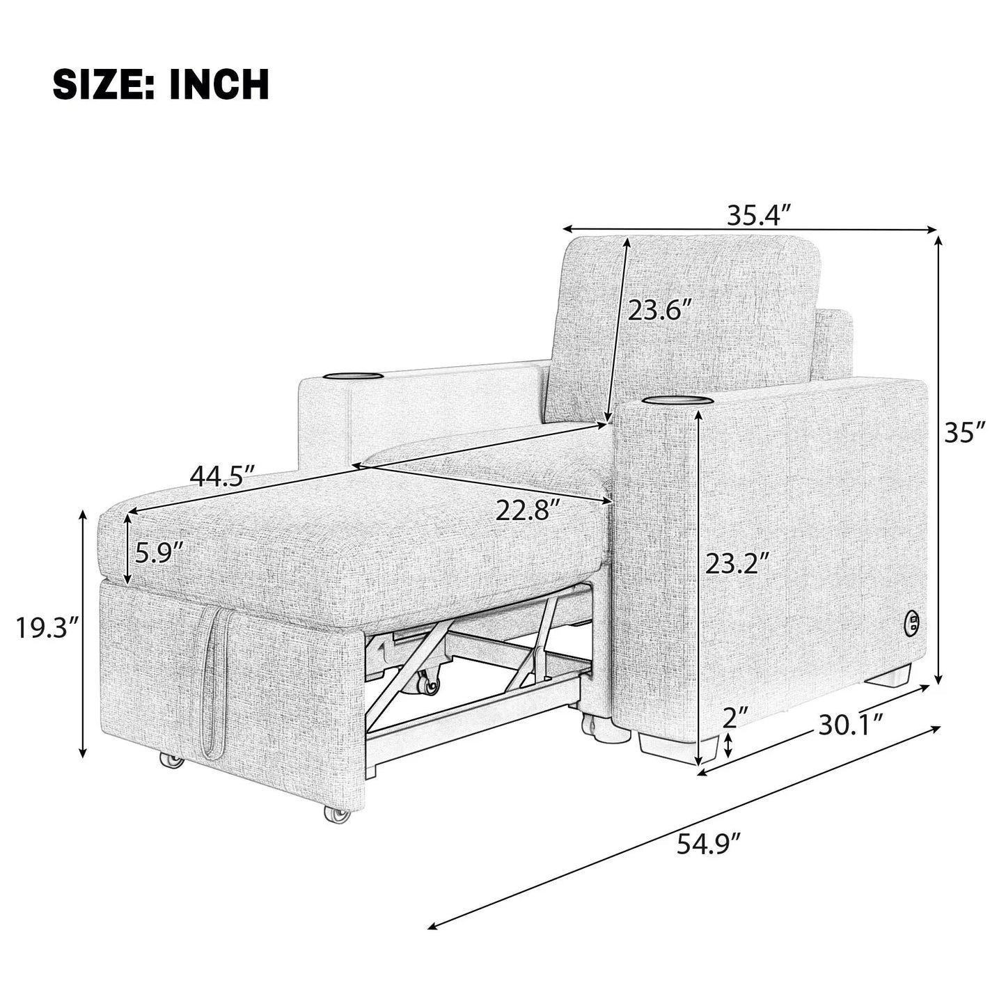 Single Pull Out Sofa Bed Sleeper Chair by Unique Piece Furniture with USB ports and cup holders on Tampa Home & Garden Store
